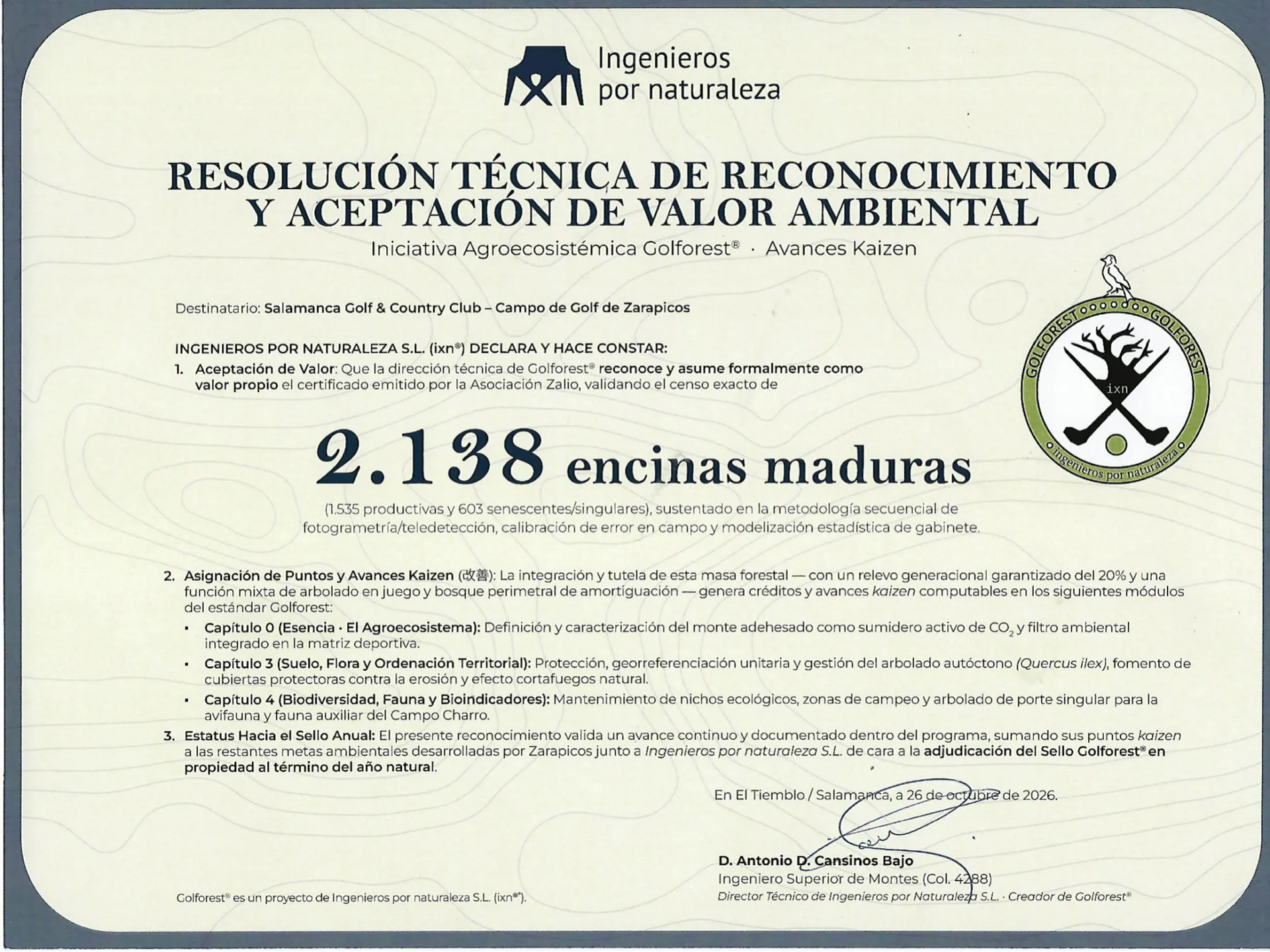 Golforest technical resolution recognising the 2,138 Zarapicos holm oaks
