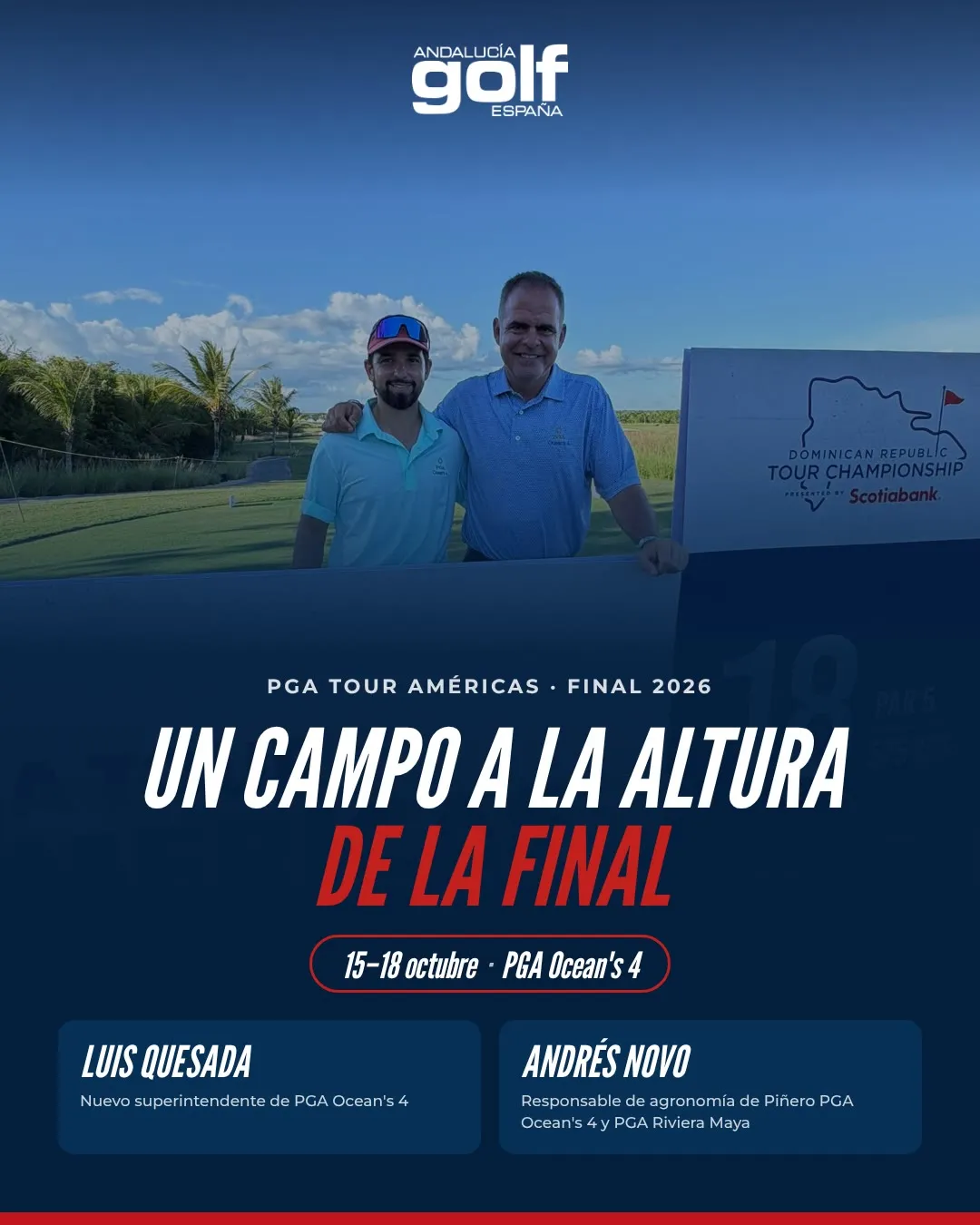 Luis Quesada y Andrés Novo, equipo de agronomía de PGA Ocean's 4, durante la final del PGA Tour Américas